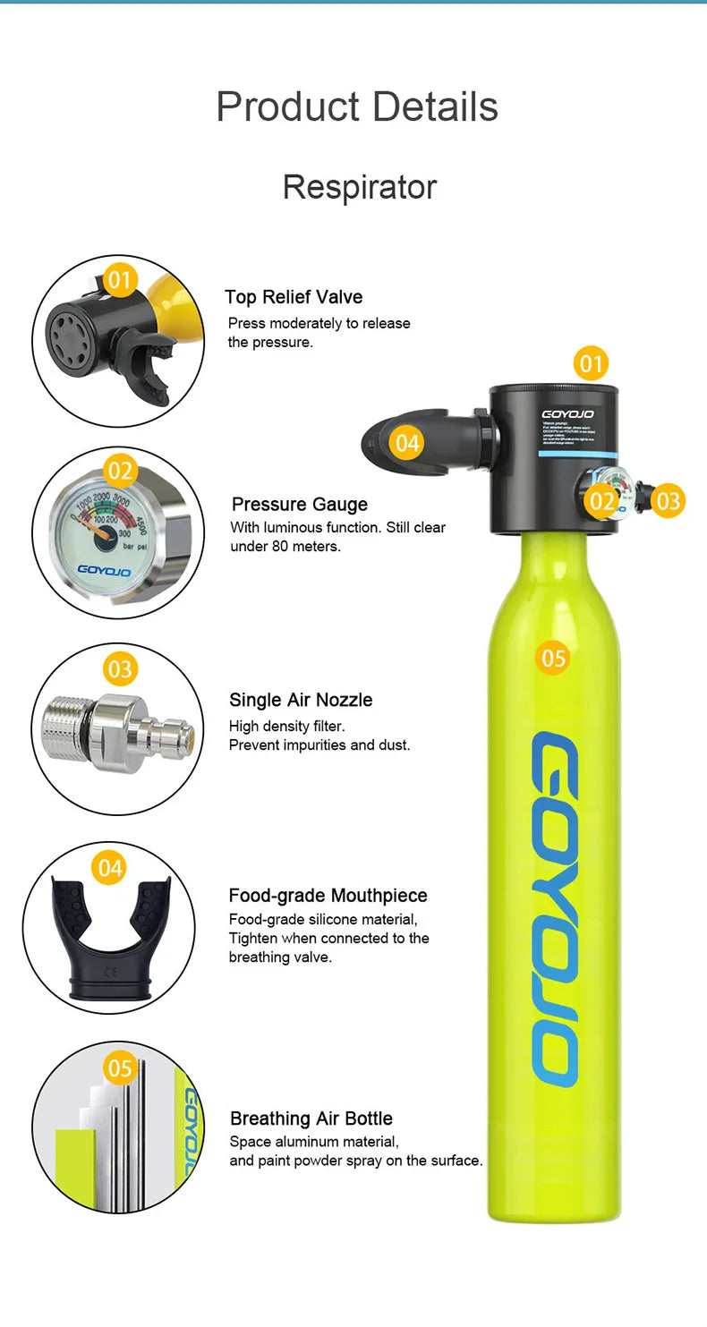 Mini Scuba Tank 0.5L Portable Diving Oxygen Cylinder for Spearfishing (5–10 Min)