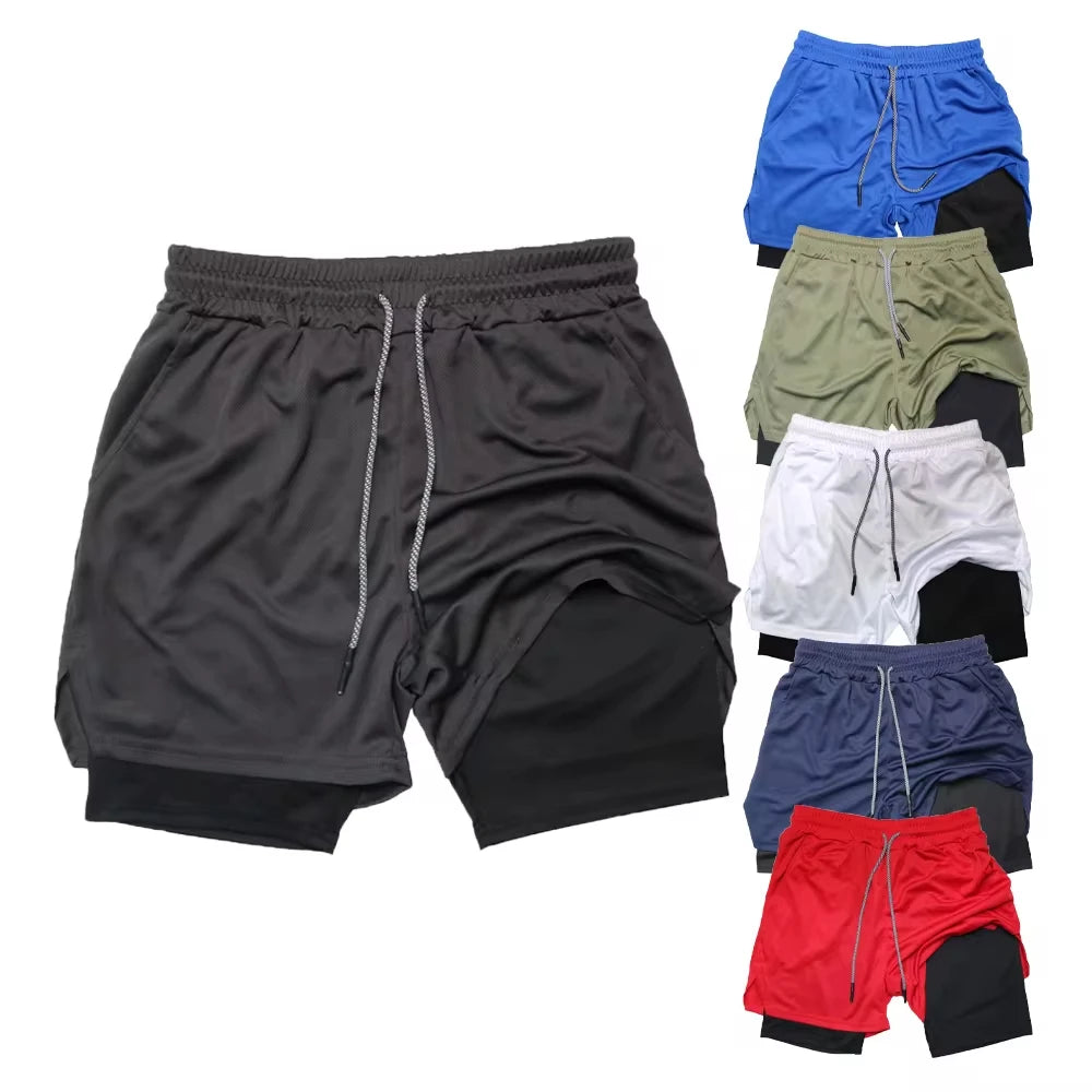 Men’s 2-in-1 Double Layer Fitness Shorts – Quick Dry Gym Training Shorts