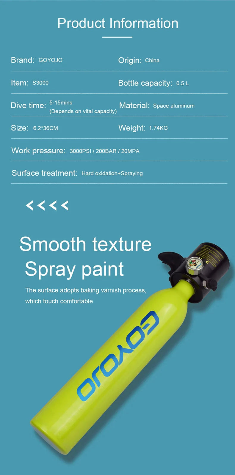 Mini Scuba Tank 0.5L Portable Diving Oxygen Cylinder for Spearfishing (5–10 Min)