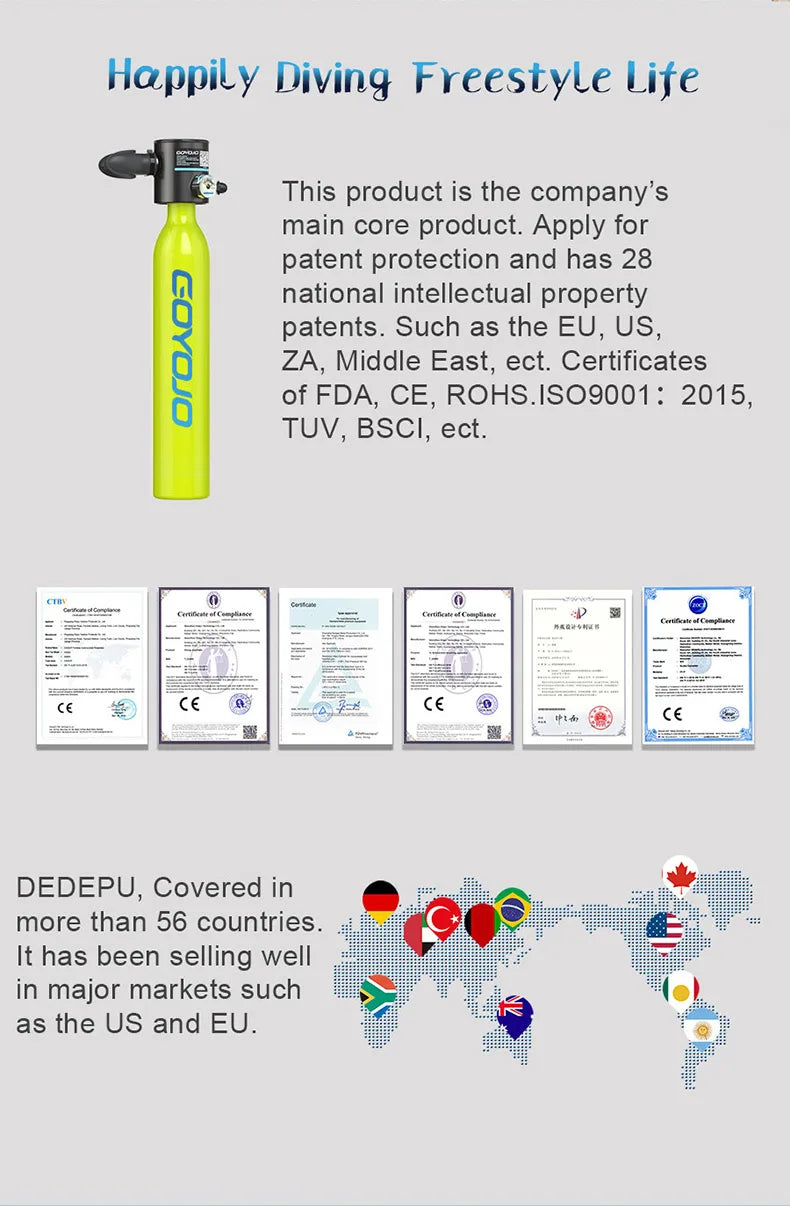 Mini Scuba Tank 0.5L Portable Diving Oxygen Cylinder for Spearfishing (5–10 Min)